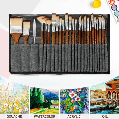 Zimuvora 25pcs Paint Brush Set, Professional Paint Brush Set with Cloth Roll and Paint Spatula, Nylon Brushes for Acrylic Painting,Watercolor,Oil,Gouache, Art Supplies for Beginners and Artists (Wood)