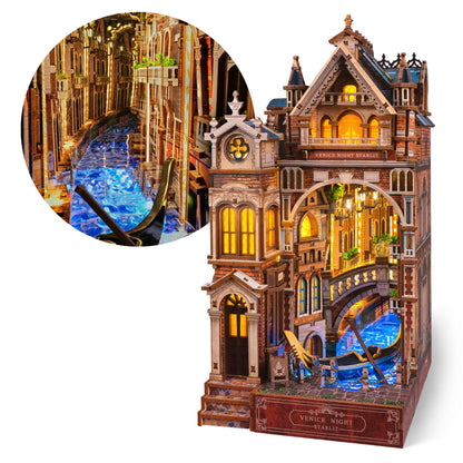FUNPOLA Venice Night Starlit Book Nook Kit – LED 3D Wood Puzzle with Infinity Mirror – DIY Bookshelf Decor, Miniature Craft Gift for Kids and Adults