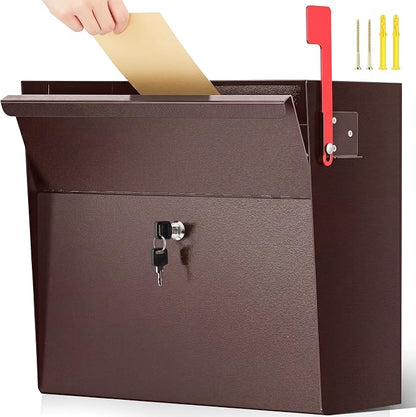 Yaocom Extra Large Wall Mount Mailboxes for Outside 15.35 x 15 x 7 Inches Locking Security Mail Box Galvanized Steel Wall Mailbox Large Capacity Post Box with Key Lock and Reflective Stickers(Brown)