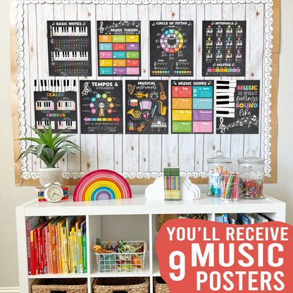 Hadley Designs Music Classroom Decor –9 Music Classroom Posters Elementary, Choir & Solfege Posters, Solfege Hand Signs & Musical Instruments Bulletin Board Decorations, Chalkboard Teacher Must Haves