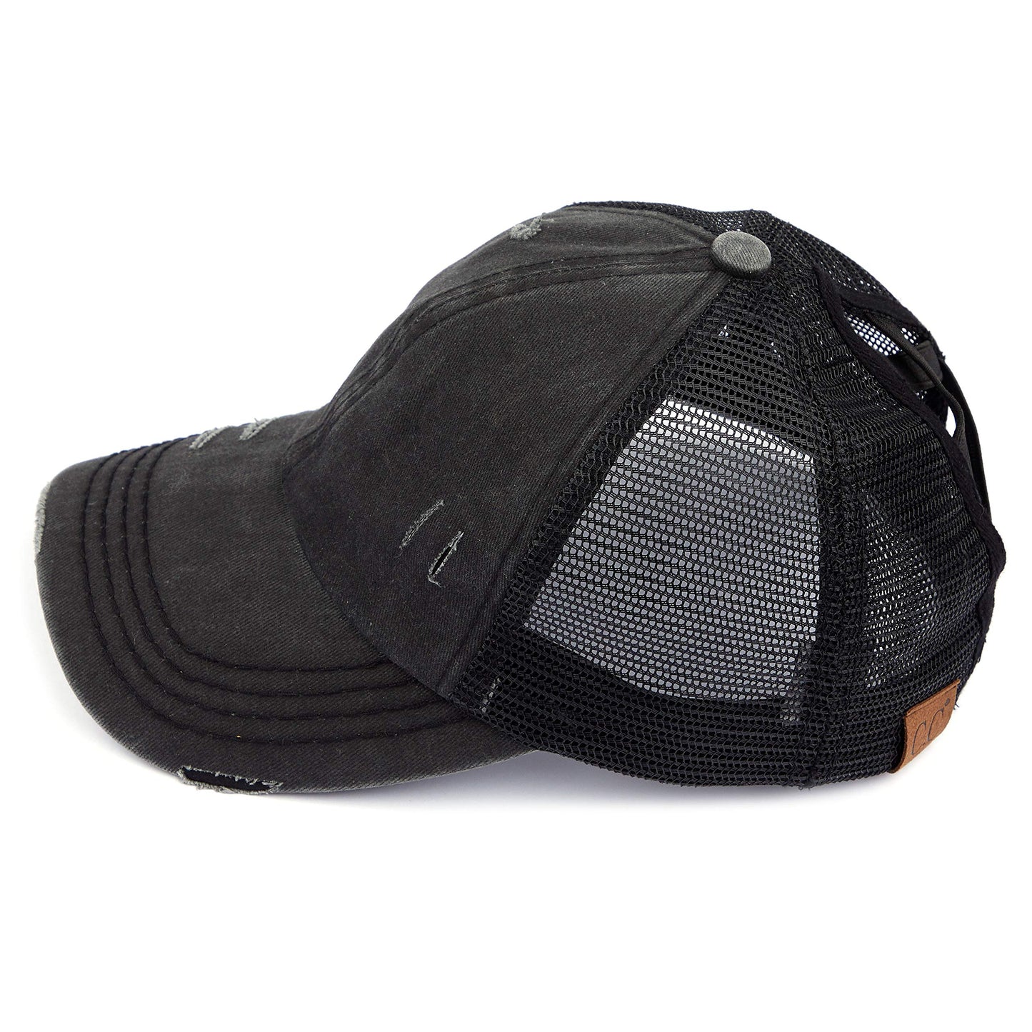 C.C Exclusives Washed Distressed Cotton Denim Criss-Cross Ponytail Hat Baseball Cap Bundle Hair Tie (BT-780) (Black)