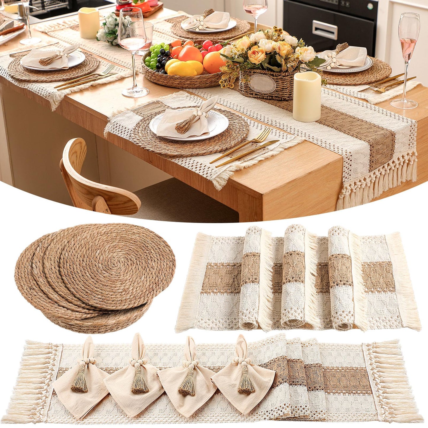 Gandeer 4 Sets Boho Decoration Placemats Round Woven Placemats, Cloth Napkins, Wood Bead Napkin Rings, Long Table Runner and Farmhouse Burlap Cotton for Table Kitchen (Khaki,12x72)