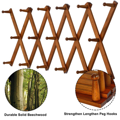 Dseap Accordian Wall Hanger: 16” High Wooden Wall Expandable Coat Rack, Hat Rack Holder, Accordion Hook for Baseball Caps, Coats, Mugs, 17 Peg Hooks, Brown