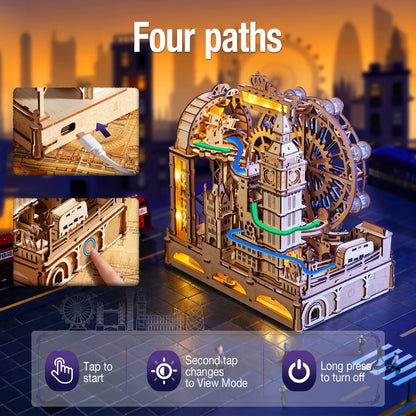 ROKR Marble Travel London, 3D Wooden Puzzles for Adults, Marble Run Kit Adults to Build, 3D Wooden Puzzle with LED, Unique Gift for Men Women