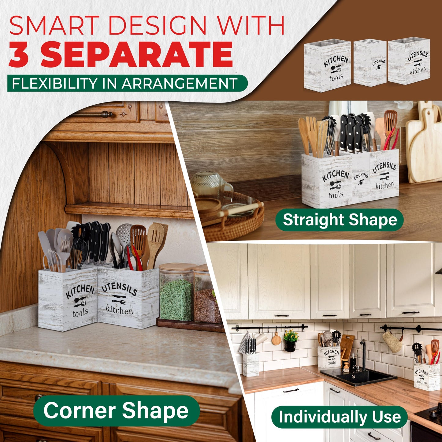 [Upgraded] Extra Large Kitchen Utensil Holder for Countertop with Knife Block, Triangle-Shaped, 5 Compartments, Removable Divider, Wooden Utensil Organizer for Countertop, Farmhouse Kitchen Decor