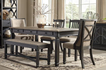 Signature Design by Ashley Tyler Creek Farmhouse Upholstered Dining Room Bench with Tapered Legs, Heavy Woven Fabric, Wood, 19.5" High Seat, Black & Gray