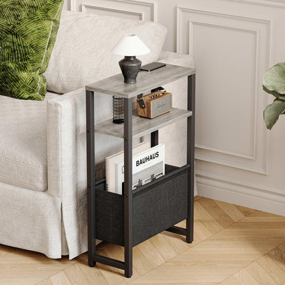 IRCPEN Narrow Side Table with Charging Station Slim End Table Sofa with Magazine Rack, Bedside Table for Small Spaces, 3 Tier Nightstand for Living Room Couch, Bedroom Oak Grey LET503QE