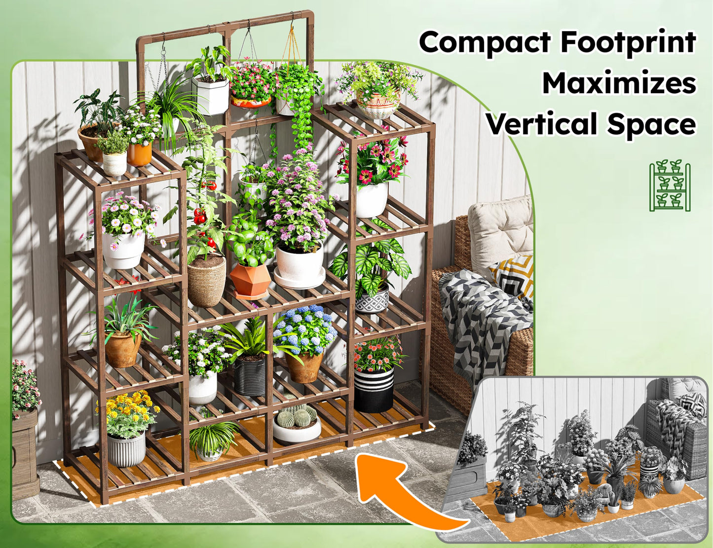 EnHomee Plant Stand Indoor Wood Plant Stand Outdoor Tiered Plant Shelf for Multiple 16-21 Potted Plants for Living Room Patio Balcony Yard Garden 44.9" W x 11.8" D x 62.2" H