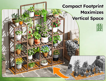 EnHomee Plant Stand Indoor Wood Plant Stand Outdoor Tiered Plant Shelf for Multiple 16-21 Potted Plants for Living Room Patio Balcony Yard Garden 44.9" W x 11.8" D x 62.2" H