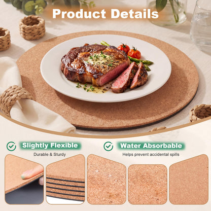Gandeer Set of 6 Round Cork Placemats Rustic Heat Resistant Wooden Place Mats Cork Trivets for Hot Dishes High Density Thick Wood Coasters Non-Slip Hot Pads for Kitchen and Dining Tables Easy Clean