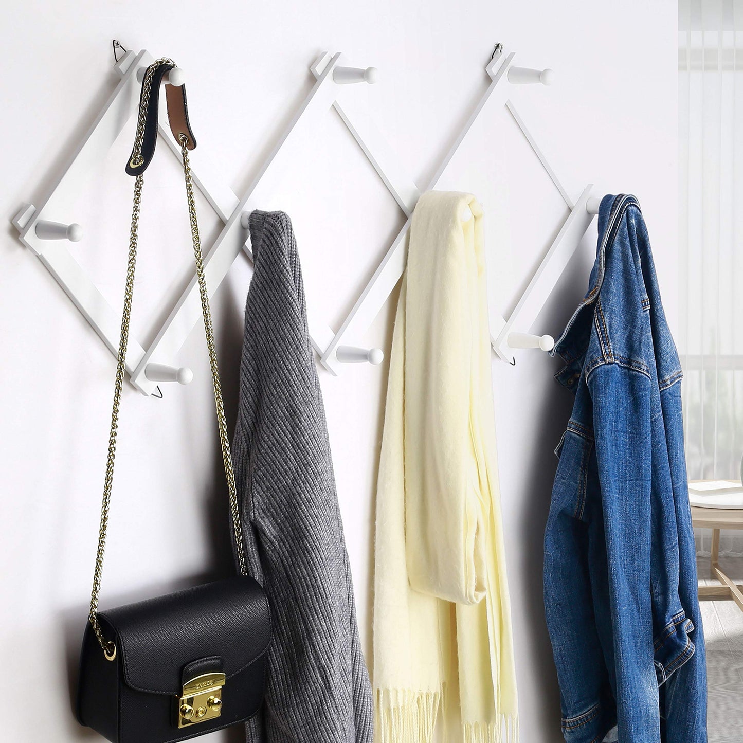 Dseap Accordian Wall Hanger: 16” High Wooden Wall Expandable Coat Rack, Hat Rack Holder, Accordion Hook for Baseball Caps, Coats, Mugs, 10 Peg Hooks, White