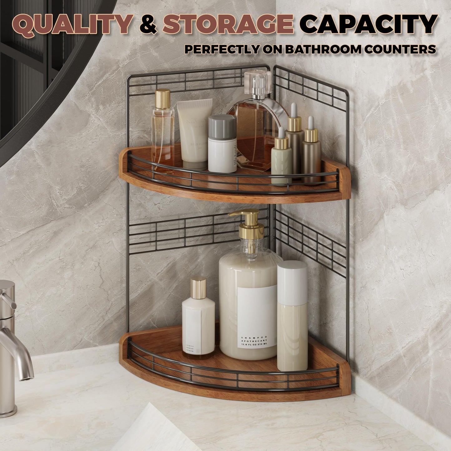 JNFUZ Bathroom Countertop Corner Organizer for Small Spaces – 2-Tier Counter Shelf for Sink & Vanity, Compact Vertical Storage for Toiletries (Walnut)