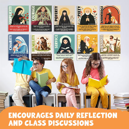 Catholic Saints Posters for Kids - Set of 16 (11x14) Unframed Christian Classroom Decor - Bible Virtues Quotes from Saints - Sunday School & Faith Bulletin Board Decorations