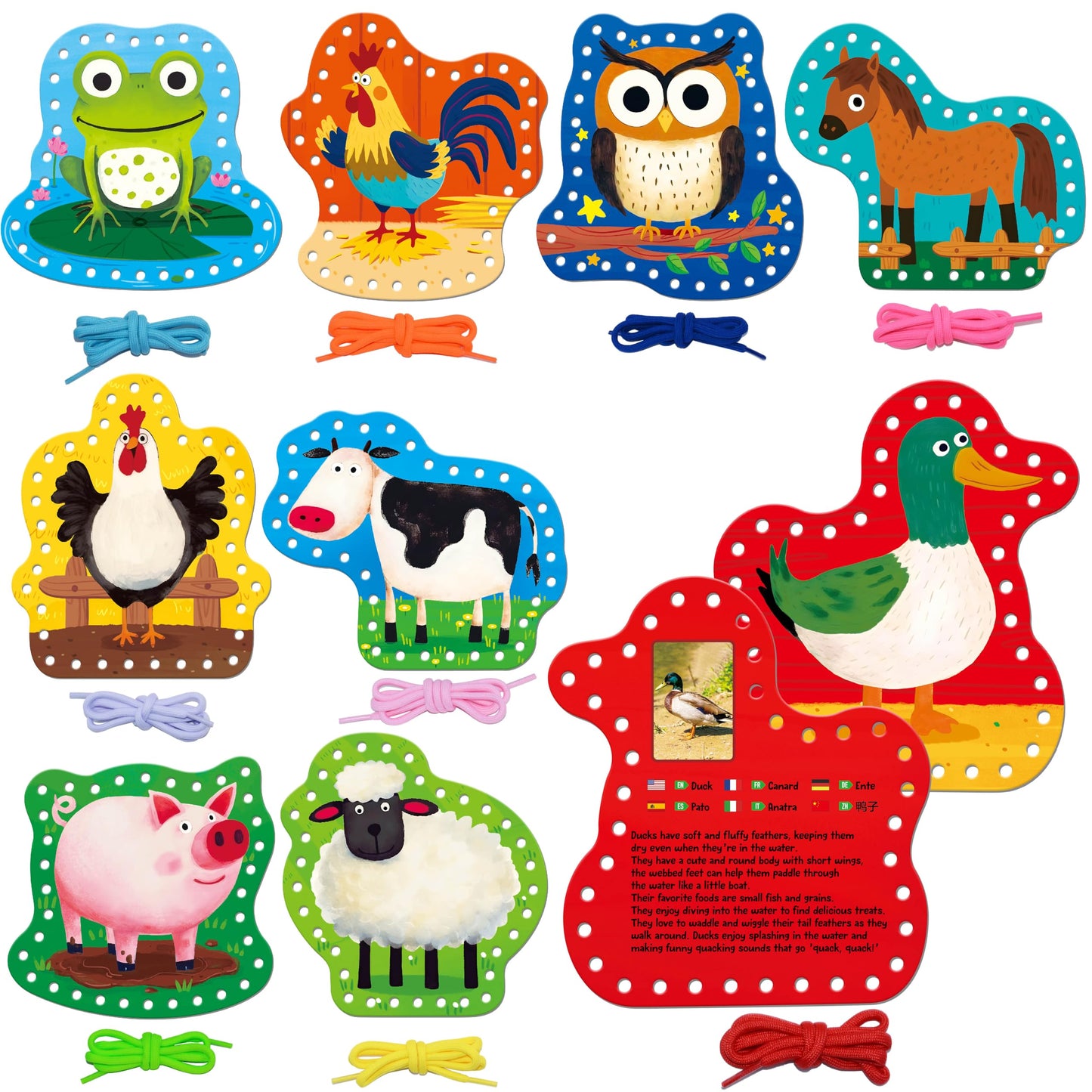 SpriteGru 9 PCS Kids Lacing Cards, 9 Double Sided Farm Animals Sewing Cards with 9 Colorful Laces, Educational & Learning Toys for Preschoolers, Kids Ages 3+