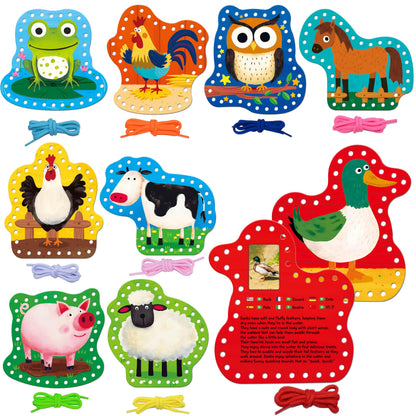 SpriteGru 9 PCS Kids Lacing Cards, 9 Double Sided Farm Animals Sewing Cards with 9 Colorful Laces, Educational & Learning Toys for Preschoolers, Kids Ages 3+