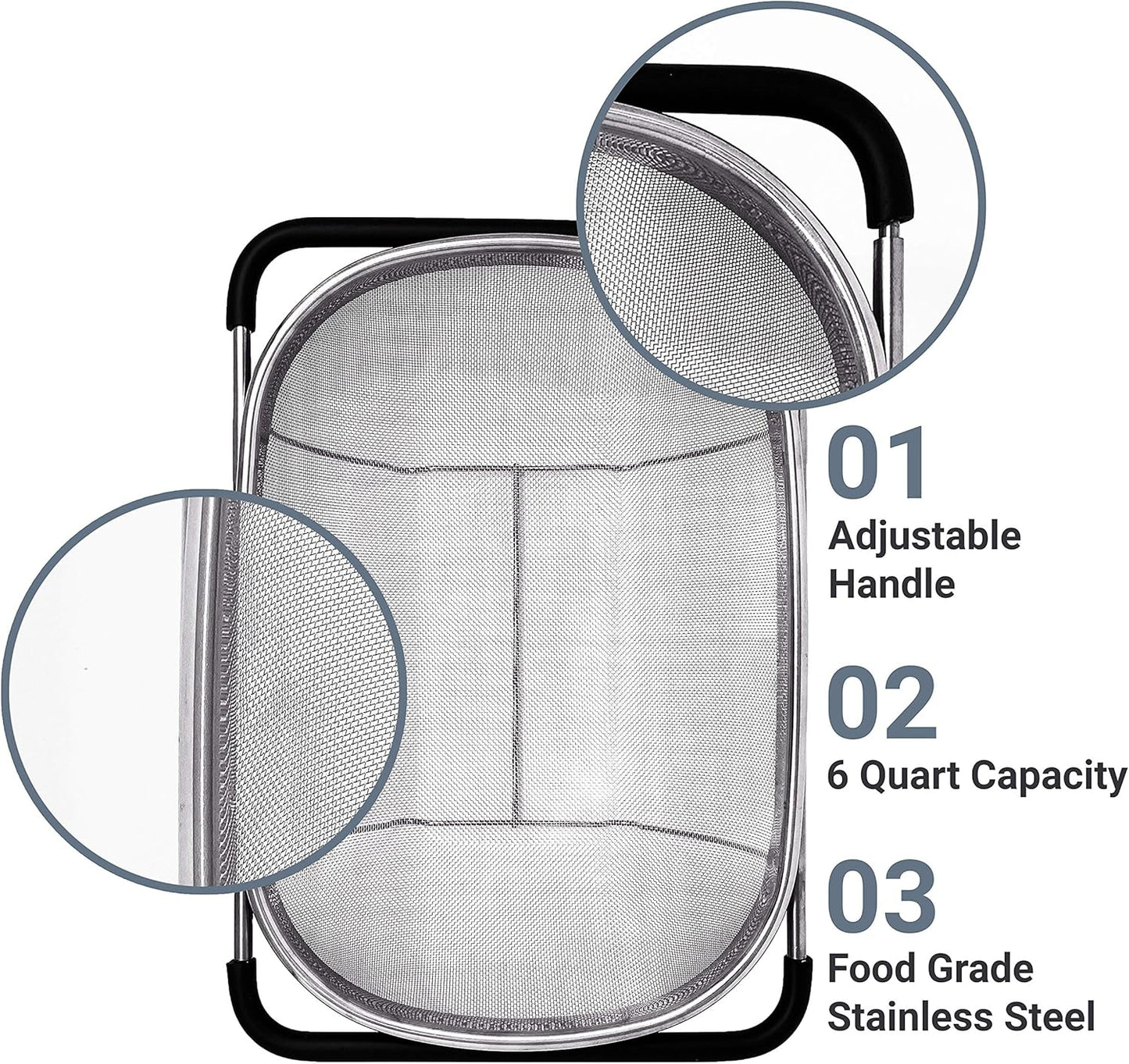Makerstep Over the Sink Colander Strainer Basket Stainless Steel, For Kitchen Sink with Rubber Grip, Fine Mesh, Large Kitchen Gadgets Tools, Expandable Home Kitchen Essentials