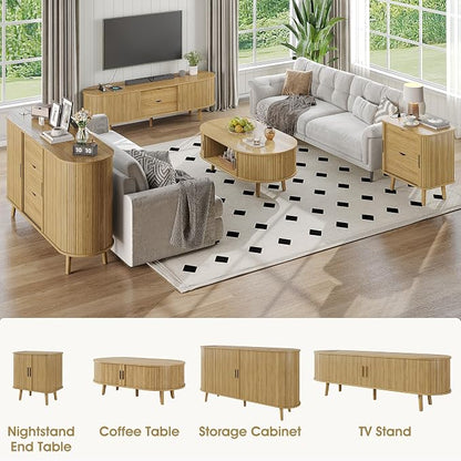 Alohappy 42.5" W Oval Coffee Table, Mid Century Modern Coffee Table with Sliding Tambour Door, Fluted Center Table with Hidden Storage, Curved Accent Table for Living Room, Home Office,Natural Oak