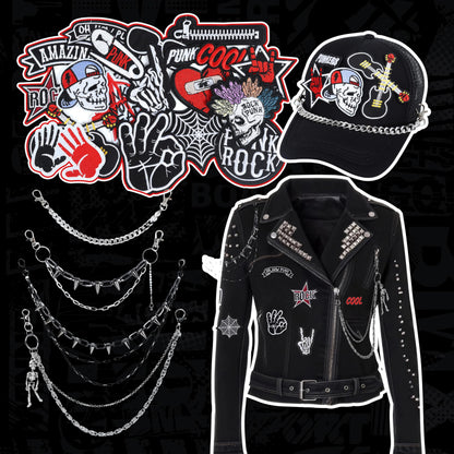 Meneng Punk Chains Kit for Men: 24PCS Black Hats Pants Chain with Embroidered Patch - Goth Hip Hop DIY Crafts for Jeans Wallets Belts Pockets Trucker Hats