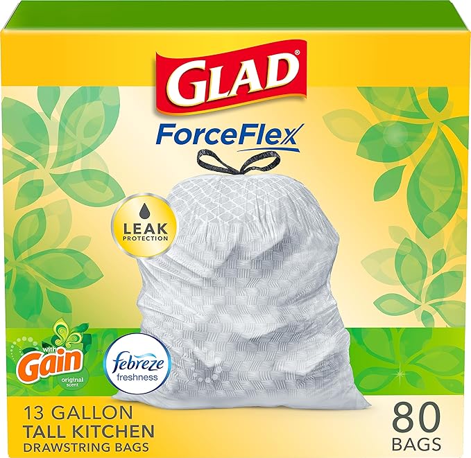 Glad ForceFlex Tall Kitchen Drawstring Trash Bags, 13 Gal, Gain Original