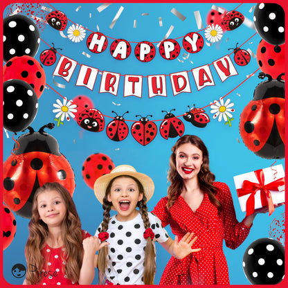 Pirese Ladybug Birthday Decorations, Ladybug Party Banner with Balloons, Pre-Strung Happy Birthday Decor Kit