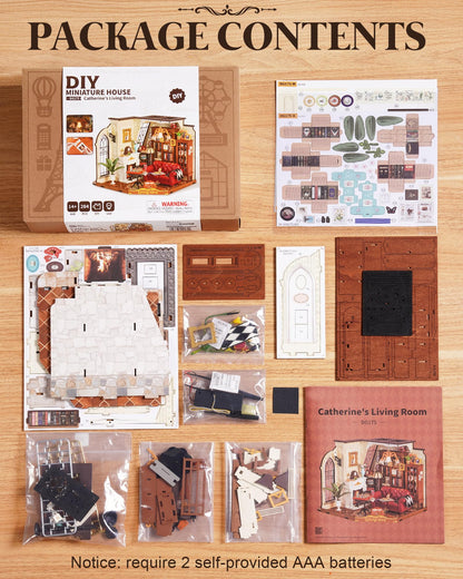 ROBOTIME DIY Miniature House Kit, Mini Dollhouse Kit, Tiny House Kit for Adults, Wooden Furniture Kit with LED, Halloween/Christmas/Birthday Gifts for Family/Friends(Catherine's Living Room)