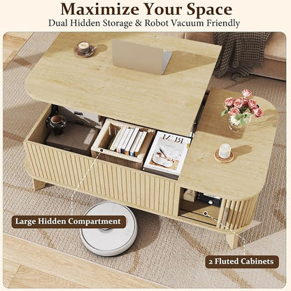 HUAHUU Coffee Table with Storage, 37.4" Lift Top Table for Living Room, Mid Century Modern Coffee Table with Sliding Fluted Doors for Small Space, Light Oak