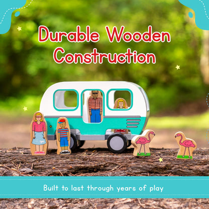 Jack Rabbit Creations 7-Piece Magnetic Glamper Camper Van – Family of 4 & Pink Flamingos – FSC Wood, Non-Toxic – Camping Toy, Imaginative Play – Toddler Gift, Ages 3+