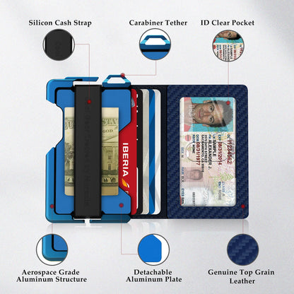 MURADIN Tactical Minimalist Wallet for Men, Slim RFID-Blocking Metal Card Holder, Front Pocket Men’s Leather Dapper Bifold Wallet with Money Clip (Carbon Fiber Blue)