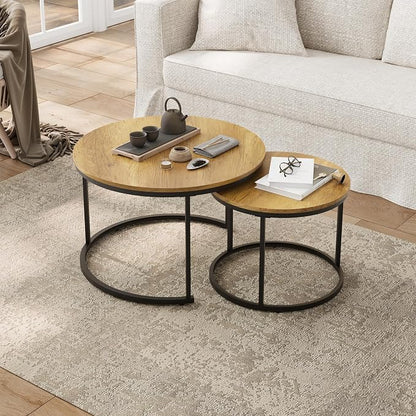 Smuxee Nesting Coffee Table Set of 2, 27.6" Round Coffee Table Wood Grain Top with Adjustable Non-Slip Feet, Industrial End Table Side Tables for Living Room Bedroom Balcony Yard