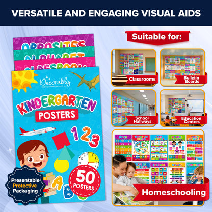 Decorably 50 Pack Vibrant Kindergarten Preschool Learning Posters for Toddlers 1-3, 11x17in Educational & Comprehensive Set, Matte-Laminated Classroom Decor for School Hallways, Bulletin Boards, Home Study Room