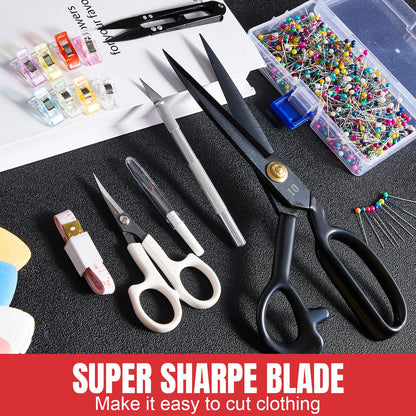 Lasnten 10 Inch Fabric Scissors Heavy Duty Sewing Scissors for Cutting Leather Clothes Tailor Shears Set with Tailors Chalk, Plastic Clips, Sewing Pin for Home Office Artists Dressmakers