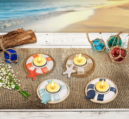 SAILINGSTORY Wooden Life Ring Tealight Candle Holder Nautical Coastal Beach Decor Votive Candle Holder Set of 4 Pack