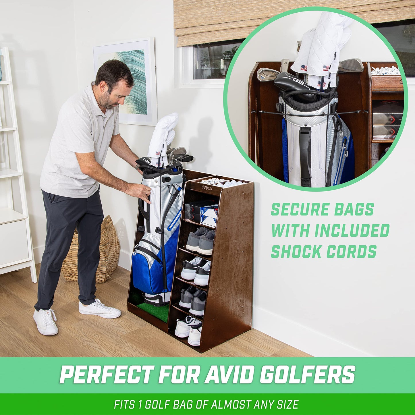 GoSports Premium Wooden Golf Bag Organizer and Storage Rack - Choose Your Style