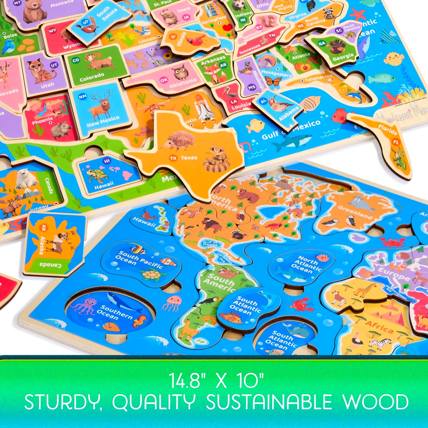 Montessori Mama Wooden Puzzles for Kids Ages 4-6, USA States and Capitols, World Continents and Oceans, Combo Set 2 Toddler Puzzles