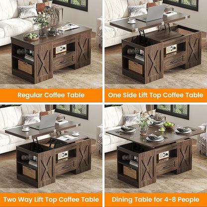 kepptory 39.4'' Lift Top Coffee Table with Storage, 4 in 1 Multi-Function Convertible Coffee Tables for Living Room, Farmhouse Coffee Table with Open Storage Compartment & Drawers (Walnut)