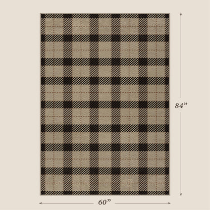 Easy Jute Farmhouse Area Rug 5x7, Washable Indoor Outdoor Plaid Rug, Black and Tan Rustic Woven Non Slip Carpet for Living Room, Entryway, Patio, Bedroom, Under Bed