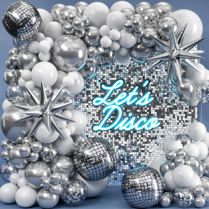 ALL-IN-1 Disco Balloon Arch Kit with BONUS Disco Ball Balloon for Party Decorations - Silver & White Balloons Garland for Disco Ball Party Decoration & Silver Party Decorations -Disco Balloons