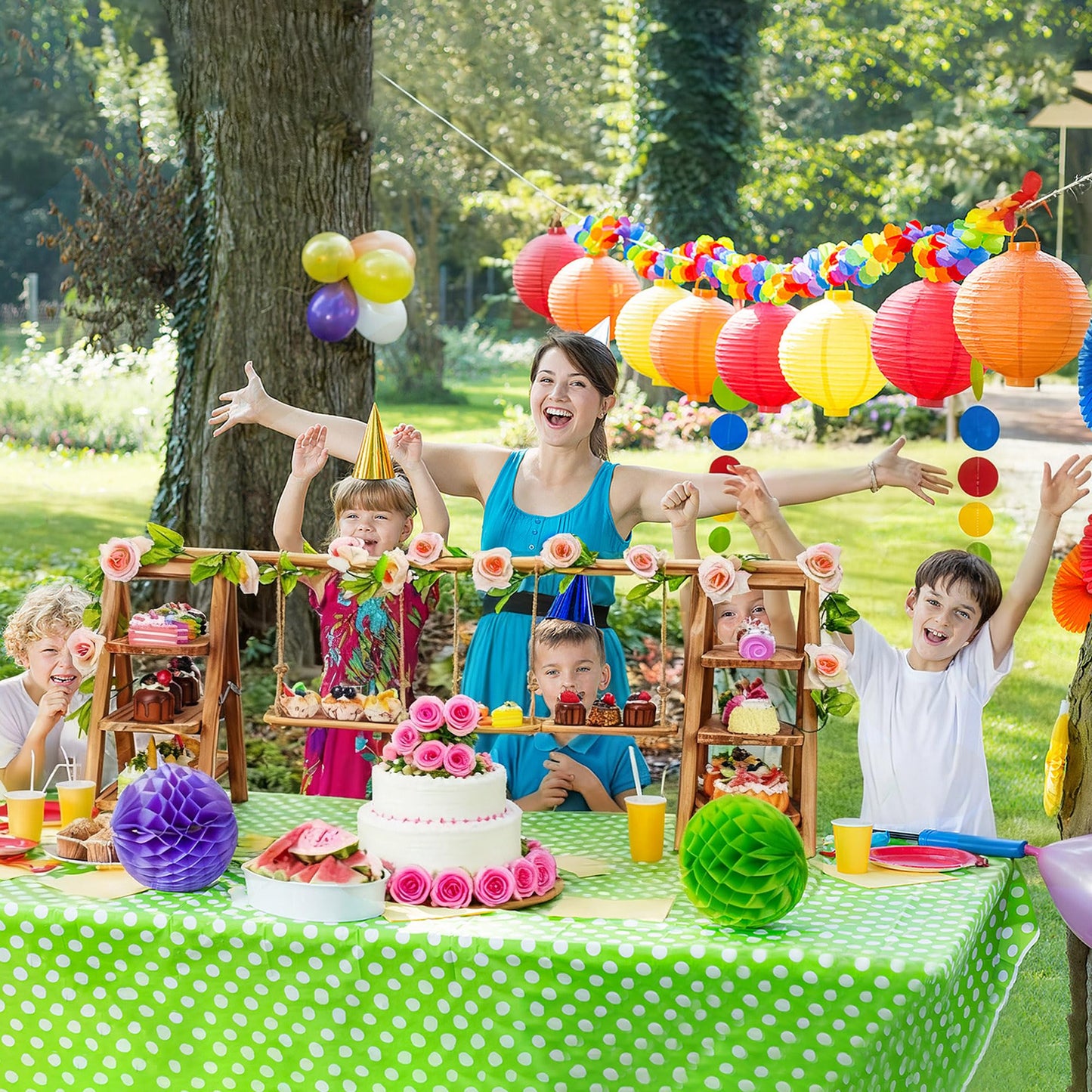 Wooden 3 Tier Cupcake Stand with Artificial Flower Vine Hanging Swing Trays Foldable & Removable Design for Birthday Wedding Catering Baby Shower Party