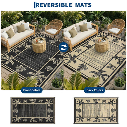 Garvee Outdoor Rug 5x8 Waterproof for Patios, Reversible Plastic Straw Rug, Tropical Leaf Indoor Outdoor Rugs, Large Area Rug for RV, Camping, Deck, Picnic Mat, Outside Carpet, Black & Brown