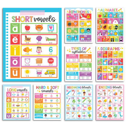 Hadley Designs Phonics Posters for Classroom Must Haves - 9 Sound Wall for Kindergarten & Elementary Teacher Supplies, Syllable, Vowels, Digraphs & Blends Bulletin Board Set, Rainbow Classrom Decor
