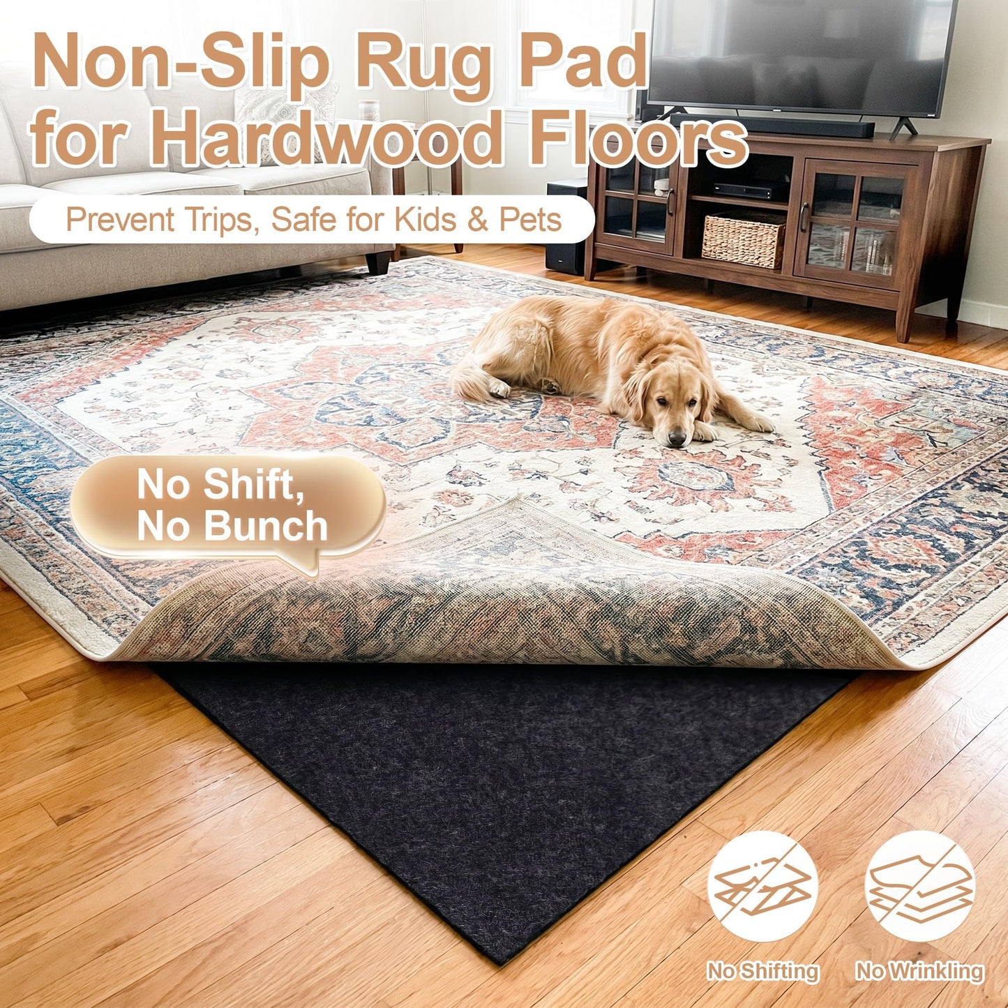 abalao 3x5 Ft 1/8 Inch Thick Waterproof Non Slip Rug Pad, Felt Rubber Dual Surface for Vinyl Plank LVP Laminate Hardwood
