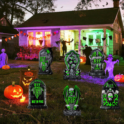 Larber 6pcs Glow in The Dark Tombstones with Stakes Large Halloween Tombstones Yard Signs Decor Waterproof RIP Headstones for Graveyard Halloween Lawn Garden Outdoor Indoor Decoration