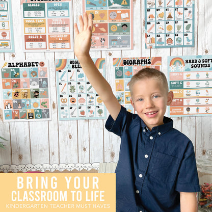 Hadley Designs Phonics Posters for Classroom Must Haves - 9 Sound Wall for Kindergarten & Elementary Teacher Supplies, Syllable, Vowels, Digraphs & Blends Bulletin Board Set, Retro Classrom Decor