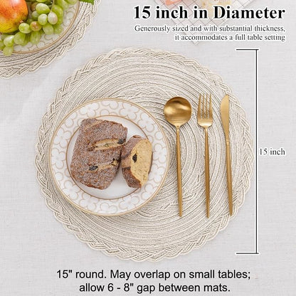 SHACOS Round Placemats Set of 4 Boho Braided Border Table Place Mats for Dining Table Wedding Holiday Party (Ivory Bordered, 4)