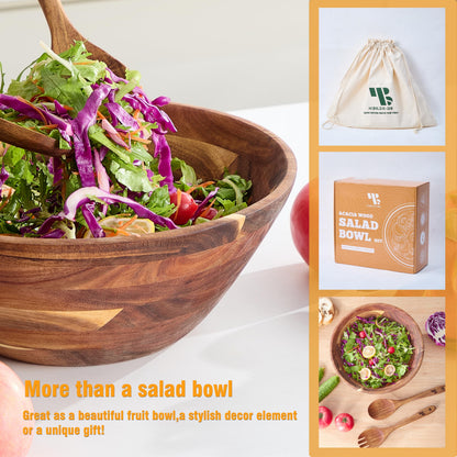 Wooden Salad Bowls with Serving Utensils, Large 12.5" Acacia Wooden Bowls for Food, Perfect as Fruit Bowl, Serving Bowls, Mixing Bowls, Handmade, Durable and Stylish Natural Wood Dinning Accessory