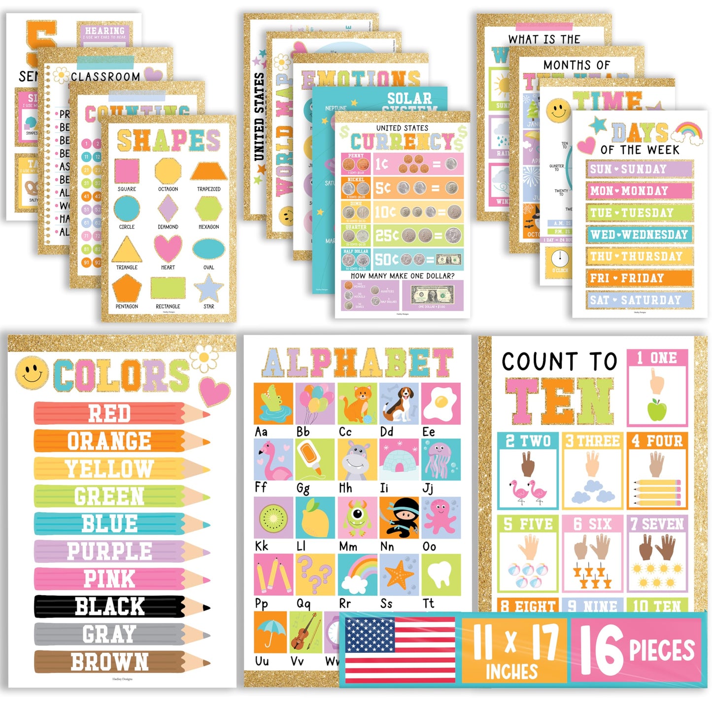 Hadley Designs 16 Educational Posters for Classroom Must Haves - Laminated Pre-K Posters for Toddler Homeschool Essentials, Toddler & Preschool Learning Activities, Kindergarten Classroom Decor