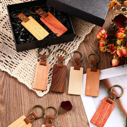 Sasylvia 50 Pcs Leather Keychain Blanks Wooden Keychain Blanks Unfinished Wood Tags with Leather Strap Keyring(White Maple, Walnut, Rosewood, Cherrywood, Bamboo)