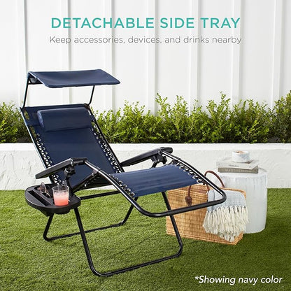 Best Choice Products Folding Zero Gravity Outdoor Recliner Patio Lounge Chair w/Adjustable Canopy Shade, Headrest, Side Accessory Tray, Textilene Mesh - Dusty Blue