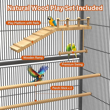 54" Large Bird Cage with Wheels, Durable Wrought Iron Parakeet Cage with Slide Out Tray, Black Bird Cages with Feeding Cups, Wooden Platform, Swing & Perches, for Lovebird, Cockatiels, Budgies