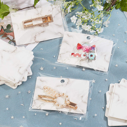 PH PandaHall 100pcs Hair Bow Holder, Marble Pattern Hair Clip Display Cards 3.9x2.5” Rectangular Cardboard Hair Clip Hanger with 100pcs OPP Bags for Jewelry Hair Accessory Selling Small Business
